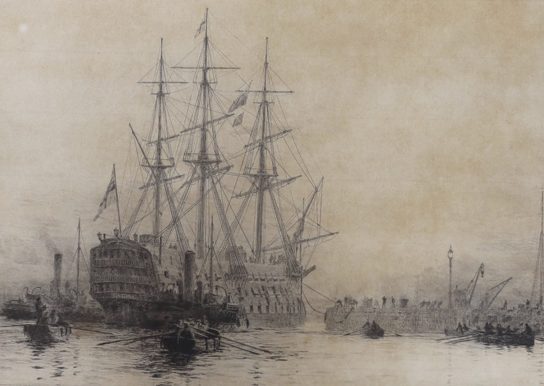 William Lionel Wyllie (1851-1931), two etchings, ‘HMS Renown leaving Portsmouth’ and one other, each signed in pencil, largest 25 x 34cm